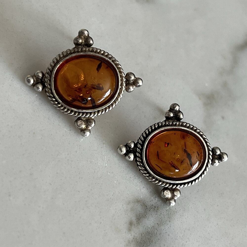 Amber On Sterling Silver 925 Setting Pierced Earrings Vintage.